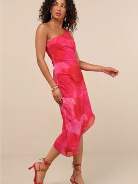 Lulus Pretty Serene Pink Floral One-Shoulder Asymmetrical Midi Dress NWT